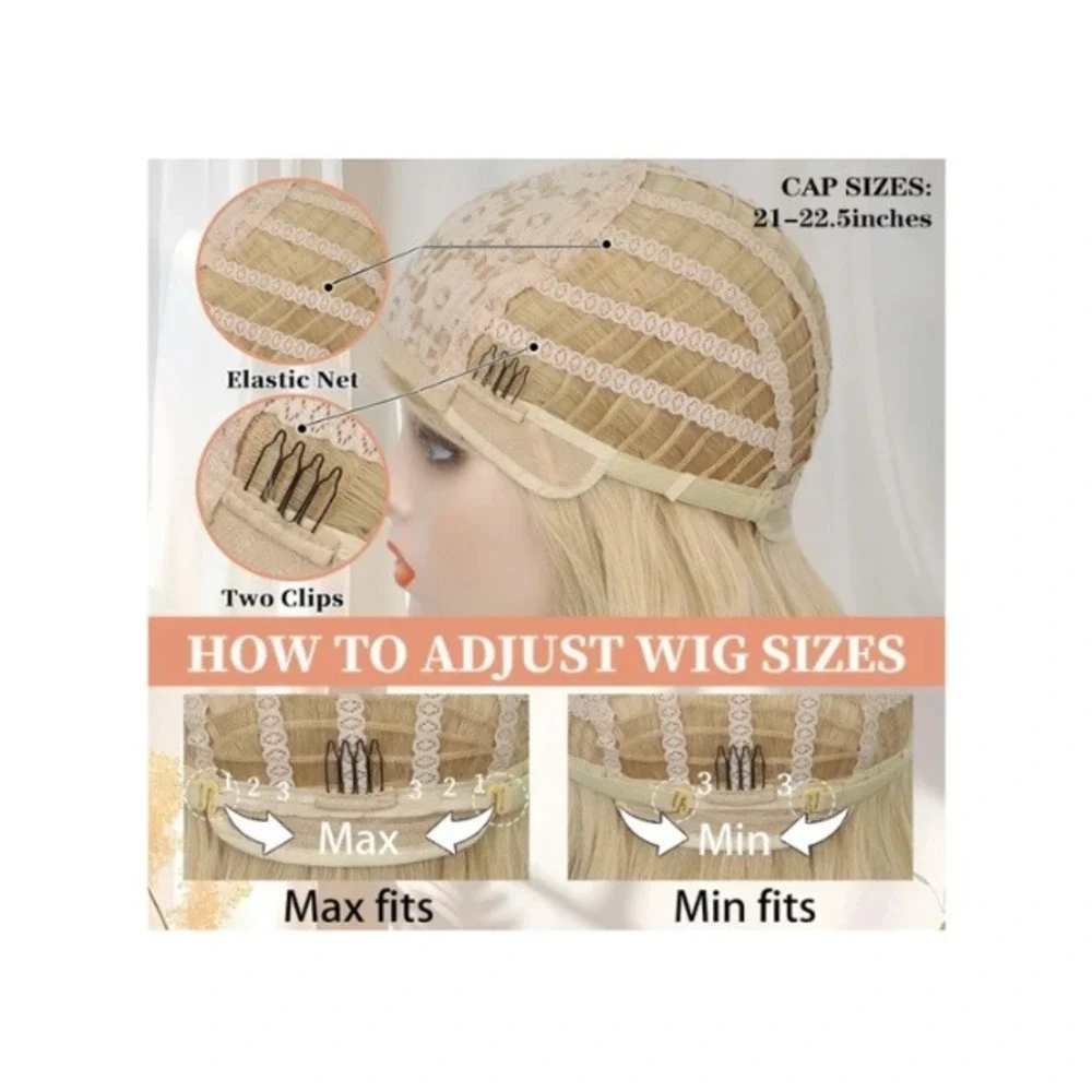 20 Inch Blonde Wavy Wig with Bangs Synthetic Medium Length Curly Hair Natural